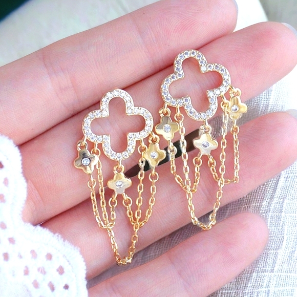 Jewelry - Clover 14k Gold Plated Zircon Chain Earrings